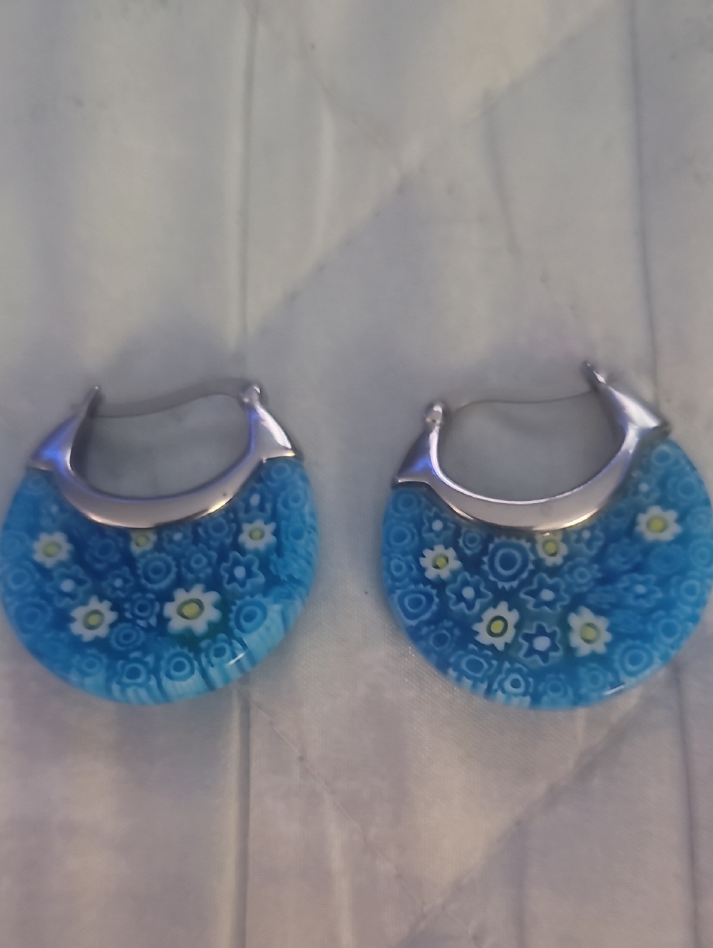 Blue Floral Millefiori Hoop Earrings